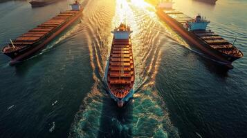 Aerial view cargo ships navigating through busy shipping channel. Global flow of goods and commerce photo