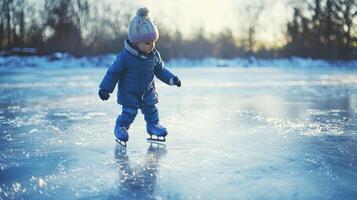 Child ice skating on frozen pond. Kid partaking in joyous winter activities on a frozen lake photo
