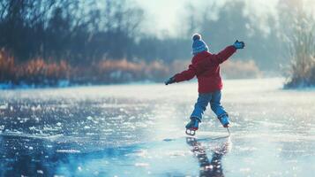 Child ice skating on frozen pond. Kid partaking in joyous winter activities on a frozen lake photo