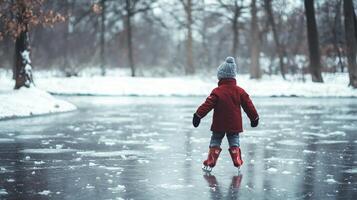 Child ice skating on frozen pond. Kid partaking in joyous winter activities on a frozen lake photo