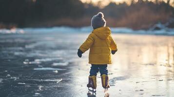 Child ice skating on frozen pond. Kid partaking in joyous winter activities on a frozen lake photo