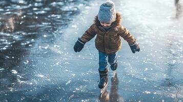 Child ice skating on frozen pond. Kid partaking in joyous winter activities on a frozen lake photo