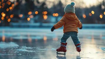 Child ice skating on frozen pond. Kid partaking in joyous winter activities on a frozen lake photo