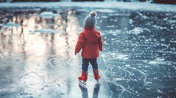 Child ice skating on frozen pond. Kid partaking in joyous winter activities on a frozen lake photo