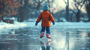 Child ice skating on frozen pond. Kid partaking in joyous winter activities on a frozen lake photo