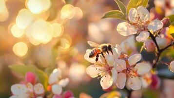 Bees pollinating flowers in vibrant orchard. Bee colony pollinating orchard blossoms in a closeup photo