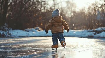 Child ice skating on frozen pond. Kid partaking in joyous winter activities on a frozen lake photo