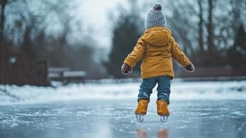 Child ice skating on frozen pond. Kid partaking in joyous winter activities on a frozen lake photo