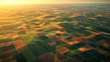 Aerial view of sprawling agricultural landscape with neatly arranged fields. Farmland photo