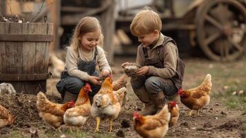 Children feeding chickens on a rural farm photo