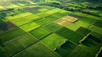 Aerial view of sprawling agricultural landscape with neatly arranged fields. Farmland photo