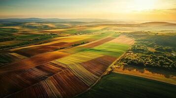 Aerial view of sprawling agricultural landscape with neatly arranged fields. Farmland photo