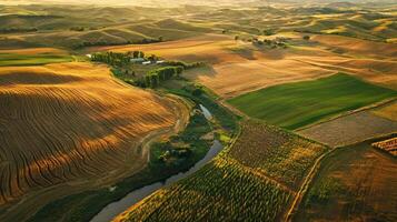 Aerial view of sprawling agricultural landscape with neatly arranged fields. Farmland photo