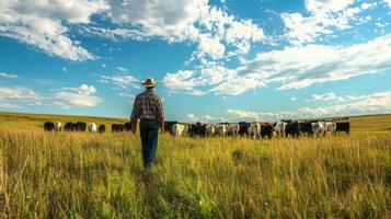 Farmer tending to livestock in open pasture. A shepherd tends his flock in the countryside photo