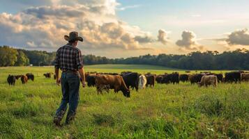 Farmer tending to livestock in open pasture. A shepherd tends his flock in the countryside photo