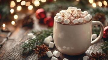 Cozy mug of hot cocoa with marshmallows and blurred christmas lights background photo