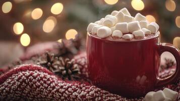 Cozy mug of hot cocoa with marshmallows and blurred christmas lights background photo