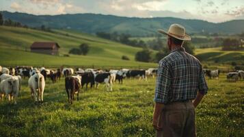 Farmer tending to livestock in open pasture. A shepherd tends his flock in the countryside photo