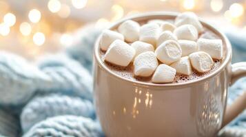 Cozy mug of hot cocoa with marshmallows and blurred christmas lights background photo