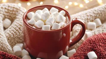 Cozy mug of hot cocoa with marshmallows and blurred christmas lights background photo