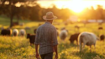 Farmer tending to livestock in open pasture. A shepherd tends his flock in the countryside photo