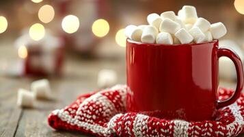 Cozy mug of hot cocoa with marshmallows and blurred christmas lights background photo