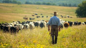 Farmer tending to livestock in open pasture. A shepherd tends his flock in the countryside photo