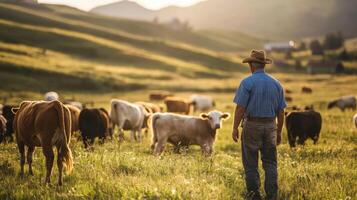 Farmer tending to livestock in open pasture. A shepherd tends his flock in the countryside photo