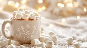 Cozy mug of hot cocoa with marshmallows and blurred christmas lights background photo