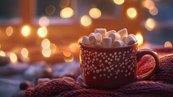 Cozy mug of hot cocoa with marshmallows and blurred christmas lights background photo