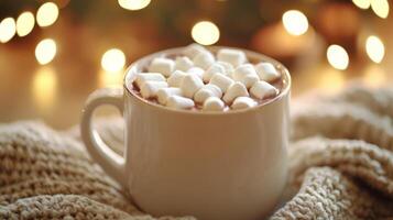 Cozy mug of hot cocoa with marshmallows and blurred christmas lights background photo