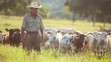 Farmer tending to livestock in open pasture. A shepherd tends his flock in the countryside photo