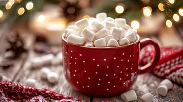 Cozy mug of hot cocoa with marshmallows and blurred christmas lights background photo