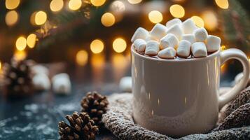 Cozy mug of hot cocoa with marshmallows and blurred christmas lights background photo