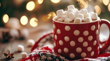 Cozy mug of hot cocoa with marshmallows and blurred christmas lights background photo