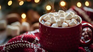 Cozy mug of hot cocoa with marshmallows and blurred christmas lights background photo