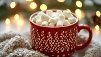 Cozy mug of hot cocoa with marshmallows and blurred christmas lights background photo