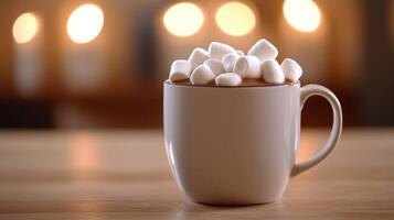 Cozy mug of hot cocoa with marshmallows and blurred christmas lights background photo