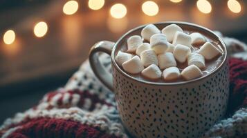 Cozy mug of hot cocoa with marshmallows and blurred christmas lights background photo