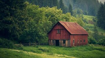 Rustic barn surrounded by picturesque landscape photo