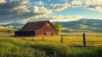 Rustic barn surrounded by picturesque landscape photo