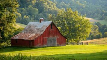 Rustic barn surrounded by picturesque landscape photo