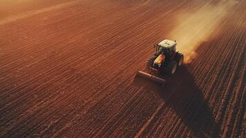 Tractor plowing field during planting season. A tractor cultivator cultivates and digs the soil photo
