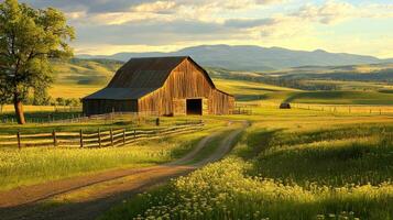 Rustic barn surrounded by picturesque landscape photo