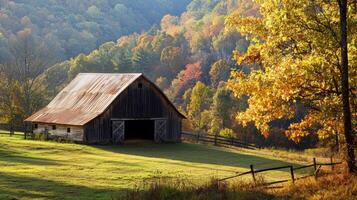 Rustic barn surrounded by picturesque landscape photo