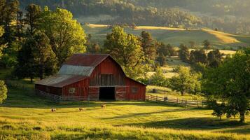 Rustic barn surrounded by picturesque landscape photo