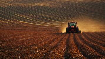 Tractor plowing field during planting season. A tractor cultivator cultivates and digs the soil photo