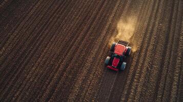 Tractor plowing field during planting season. A tractor cultivator cultivates and digs the soil photo