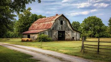 Rustic barn surrounded by picturesque landscape photo