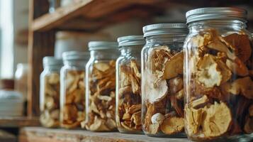 Dried mushrooms stored in jars for preservation. Dry mushrooms in clear glass jar on kitchen photo